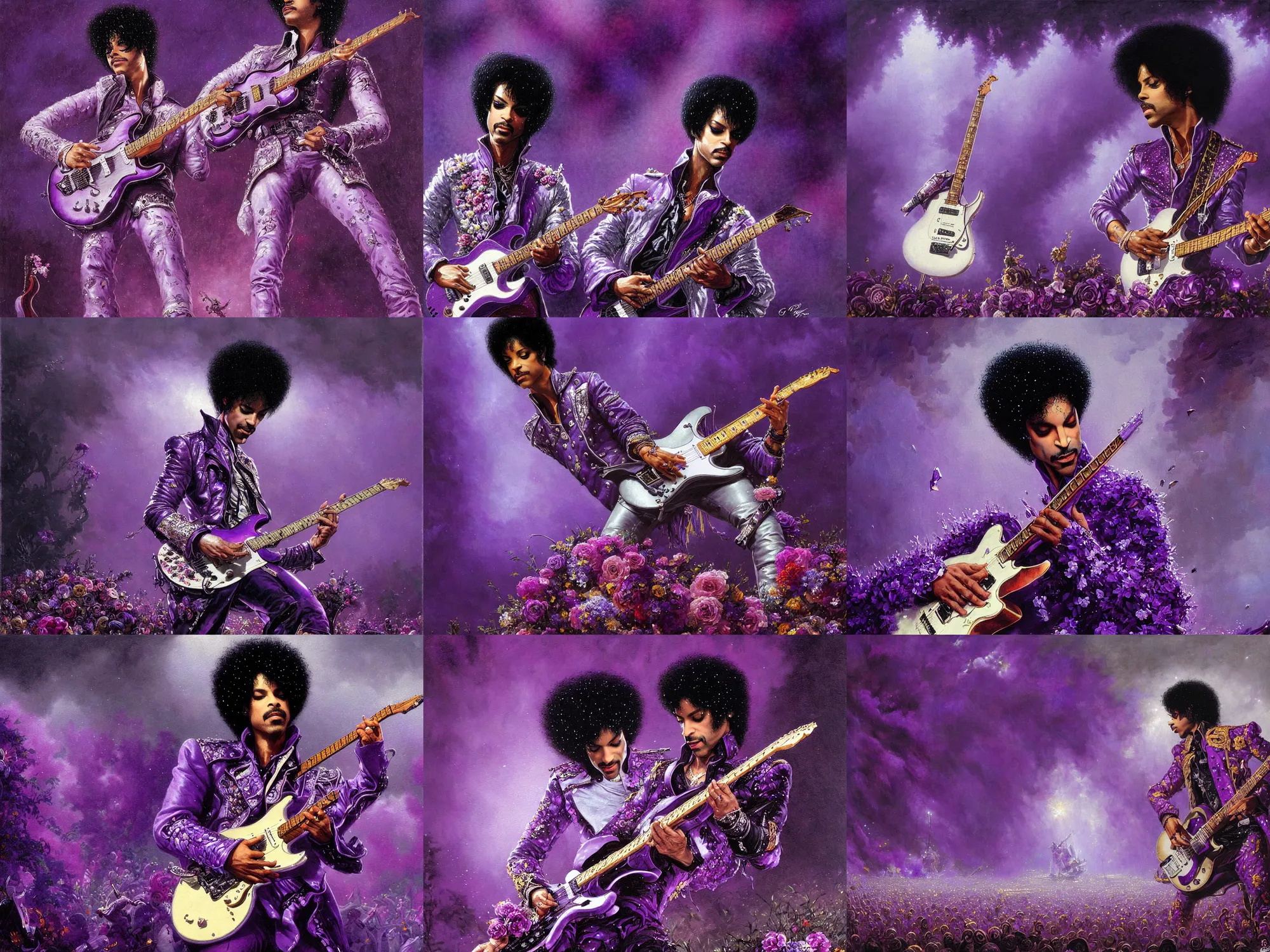 Prompt: close up of prince playing his guitar in the purple rain to a very large audience with floral decoration on stage and the crowd going wild, fantasy art by greg rutkowski and ferdinand knab