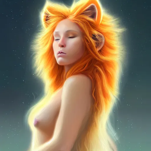 Image similar to Portrait of a girl angel with pale orange colored frizzy strands of illuminated hair, Lion essence, cat ears on her head, glowing halo, Lion's Mane, Cosmic, Lion's Gate, 8/8, fantasy, intricate, elegant, highly detailed, digital painting, artstation, concept art, smooth, sharp focus, illustration, art by Krenz Cushart and Artem Demura and alphonse mucha