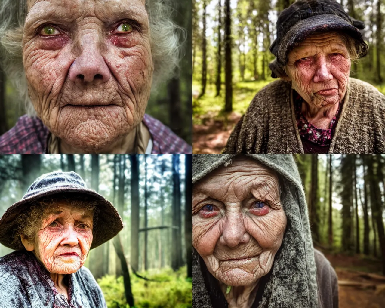 Prompt: close up portrait of an old woman with sinister face and dirty clothes standing outside of an old cabin, forest in the background, bokeh, depth of field, dramatic lighting, cinematic, vivid colors, matte painting, digital painting color scheme