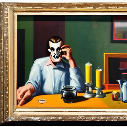 Image similar to a 1 9 5 0 ad for a diner with a portrait painting of a man with a skull as his head is sitting alone on a table, in the style of edward hopper, 4 k,