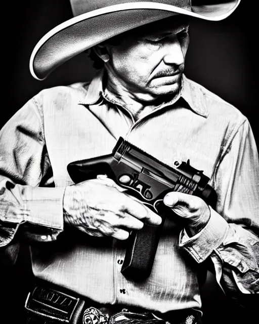 Image similar to portrait of cowboy holding revolver, detailed medium format photo, polaroid still, black and white, western, high production value, intricate details, high resolution, hyperrealistic, hdr, high definition, award winning photography, masterpiece, ultra realistic, highly detailed, hd, sharp focus, cinematic lighting, shaded, non blurry, sharp, smooth