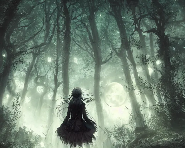 Image similar to goth woman in a moonlight view, in a forest, a river, tankoban, 4 k, tone mapping, akihiko yoshida, james jean andrei riabovitchev marc simonetti, yoshitaka amano, long hair, curly, h. hydrochaeri
