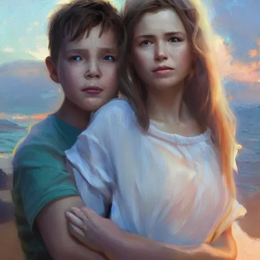 Prompt: epic hyperrealism cinematic masterpiece where a mother appears with her happy son. realistic poster with shaded lighting by craig mallismo, artgerm, jeremy lipkin and michael garmash, unreal engine, radiant light, detailed and complex environment, digital art, art station trends