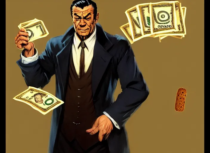 Image similar to magic : the gathering fantasy character concept art of the great businessman by frank frazetta, high resolution. a clear portrait of powerful, business man wearing a business suit, holding a wad of money made out of bread, bread bucks, bread shaped like dollar bills, magical bread and toast money swirling around, fantasy coloring, intricate, digital painting, artstation, smooth, sharp focus