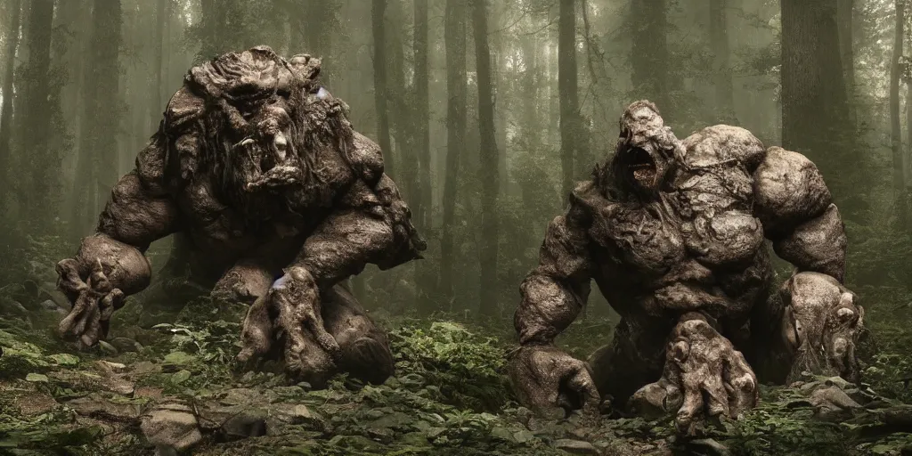 Image similar to a giant armored cave troll in a scary forest in the style of lord of the rings, 8 k, moody lighting, shallow depth of field, raytracing,