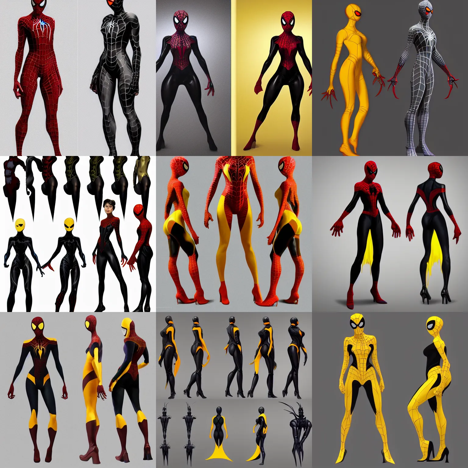 Prompt: full body character turnaround of a woman in an orb weaver inspired costume, character sheet, matte painting, spiderman!!, spiderwoman!!, john singer sargent, good value control, highly detailed portrait, character turnaround, digital painting, concept art, sharp focus, smooth, 3 d model, illustration, yellow and black color scheme