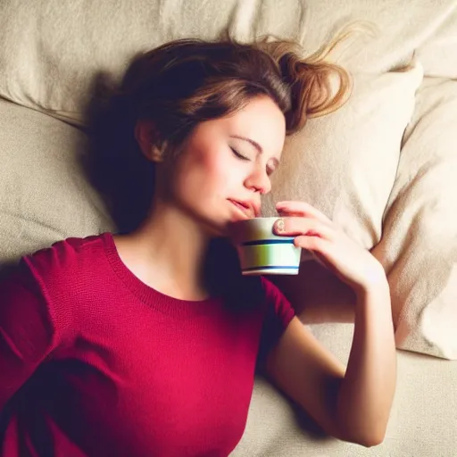 Prompt: Attractive six-inch-tall woman sleeping inside of a coffee cup