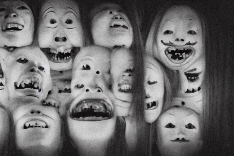 Image similar to smiling faces emerging from the ceiling in a dark room, japanese horror, eerie atmosphere, fear, mystery, 8 k uhd