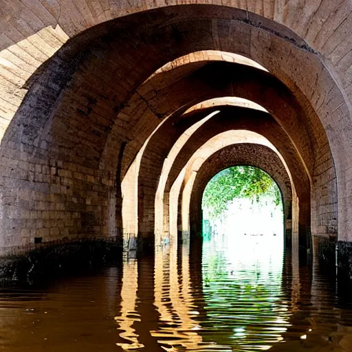 Prompt: flooded tunnel with arched ceilings and doorways, natural light,
