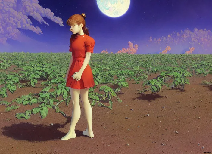 Image similar to gorgeous inspiring girl on the moon caring for tomato plants inside a crater filled with smoke, planet Earth in the sky by Craig Mullins, ilya kuvshinov, krenz cushart, artgerm trending on artstation by Edward Hopper and Dan Mumford and WLOP and Rutkovsky, carl spitzweg and moebius, Unreal Engine 5, Lumen, Nanite