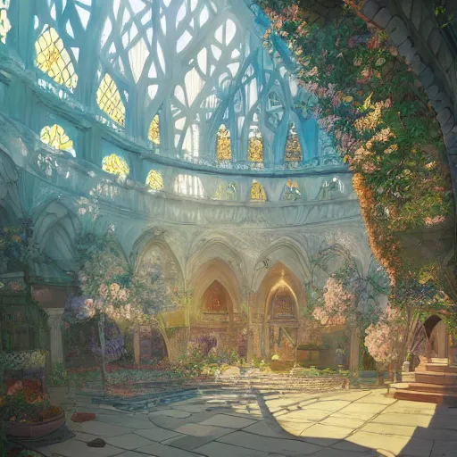 Prompt: a beautiful hyperdetailed illustration of absolutely beautiful blooming flower masjid alone, perfectly shaded, sun rays, natural light, golden hour, style of studio ghibli, detailed lines, sharp edges, artstation