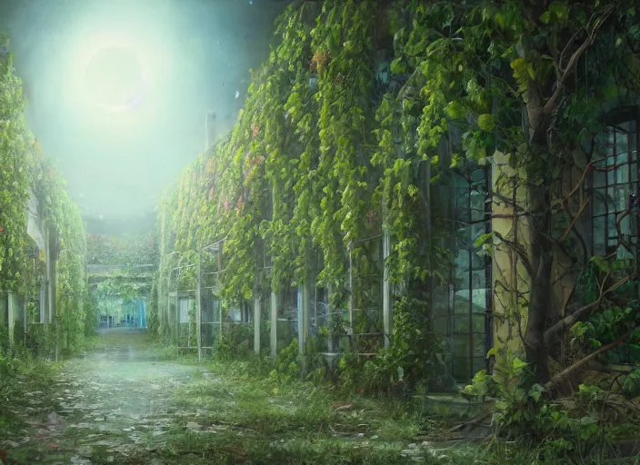 Prompt: trees growing in an abandoned shopping mall, overgrown by flower, vines, at night, blue moonlight, hyperrealistic, highly detailed, oil painting, intricate, cgsociety, artstation, 8 k, cinematic, muted colors, soft lighting, smooth, sharp focus