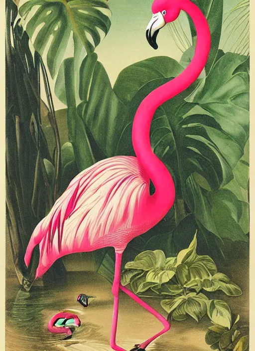 Prompt: python wrapped around a flamingo, tropical plants, botanical, biology, artist john audubon