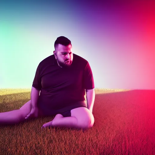 Prompt: obese gamer touching grass, picturesque, dramatic lighting, raytracing, 8 k uhd, unreal engine, octane render, award winning