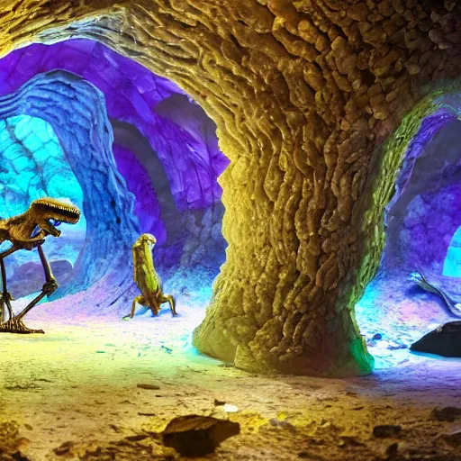 Prompt: photorealistic dinosaur skeleton inside a beautiful geode of colored crystals, volumetric lighting