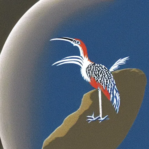 Prompt: roadrunner against the background of the planet mercury in blue and white