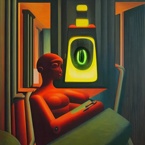 Image similar to three brutalist robotic idols with glowing eyes, inside a dome, pj crook, grant wood, edward hopper, syd mead, chiaroscuro, oil on canvas