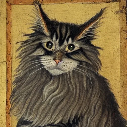 Prompt: Medieval painting of a fluffy Maine coon. High resolution. Highly detailed. Art station. 8k