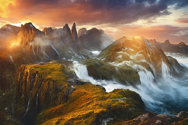 Image similar to Gediminas Pranckevicius amazing landscape photo of mountains of Norway with lake and castle on top of a waterfall with infinite view at sunset by marc adamus beautiful dramatic lighting ,