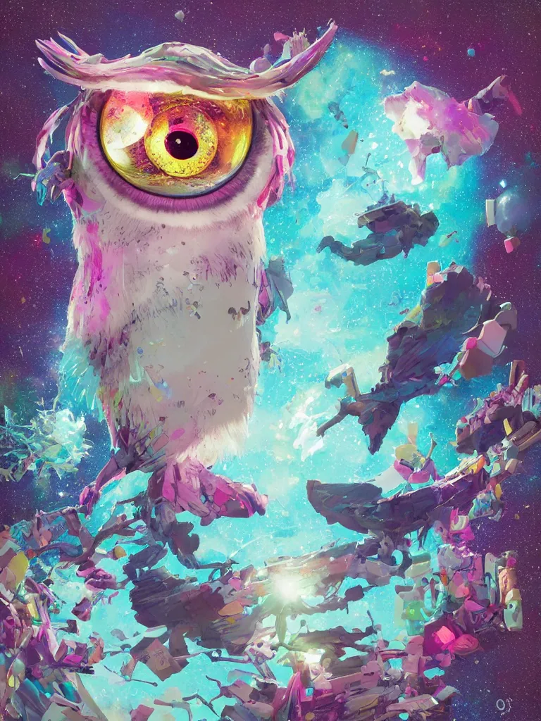 Image similar to a dreamy otherworldly 3 d render of wise owl, pixiv fanbox, dramatic lighting, maximalist pastel color palette, splatter paint, pixar and disney exploded - view drawing, graphic novel by fiona staples and dustin nguyen, peter elson, alan bean, wangechi mutu, clean cel shaded vector art, trending on artstation