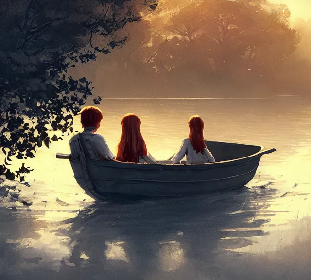 Image similar to a boy and a girl with long flowing auburn hair sitting together on the rowboat. Atmospheric lighting, long shot, romantic, boy and girl are the focus, trees, river. details, sharp focus, illustration, by Jordan Grimmer and greg rutkowski, Trending artstation, pixiv, digital art