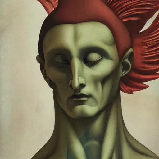 Image similar to an slim athletic beautiful male alien with ombre colored skin wearing a phoenix mask, painted by michelangelo for vogue magazine