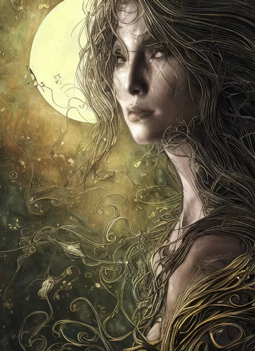 Image similar to glowing silver and golden elements, portrait, A beautiful dark witch in front of the full big moon, book cover, green forest, red white black colors, establishing shot, extremly high detail, foto realistic, cinematic lighting, pen and ink, intricate line drawings, by Yoshitaka Amano, Ruan Jia, Kentaro Miura, Artgerm, post processed, concept art, artstation, matte painting, style by eddie, raphael lacoste, alex ross