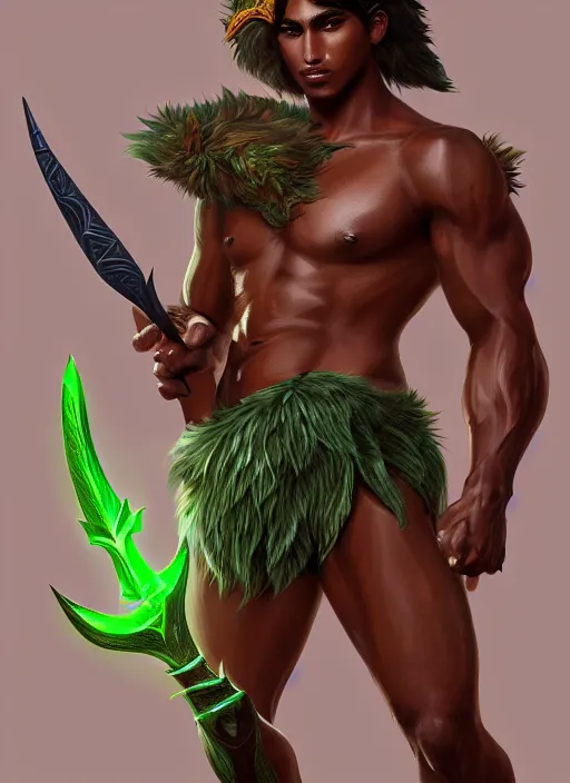 Image similar to a highly detailed illustration of fierce attractive young tanned tribal boy wearing green wolf mane, heroic wielding club pose, muscular, intricate, elegant, highly detailed, centered, digital painting, artstation, concept art, smooth, sharp focus, league of legends concept art, wlop