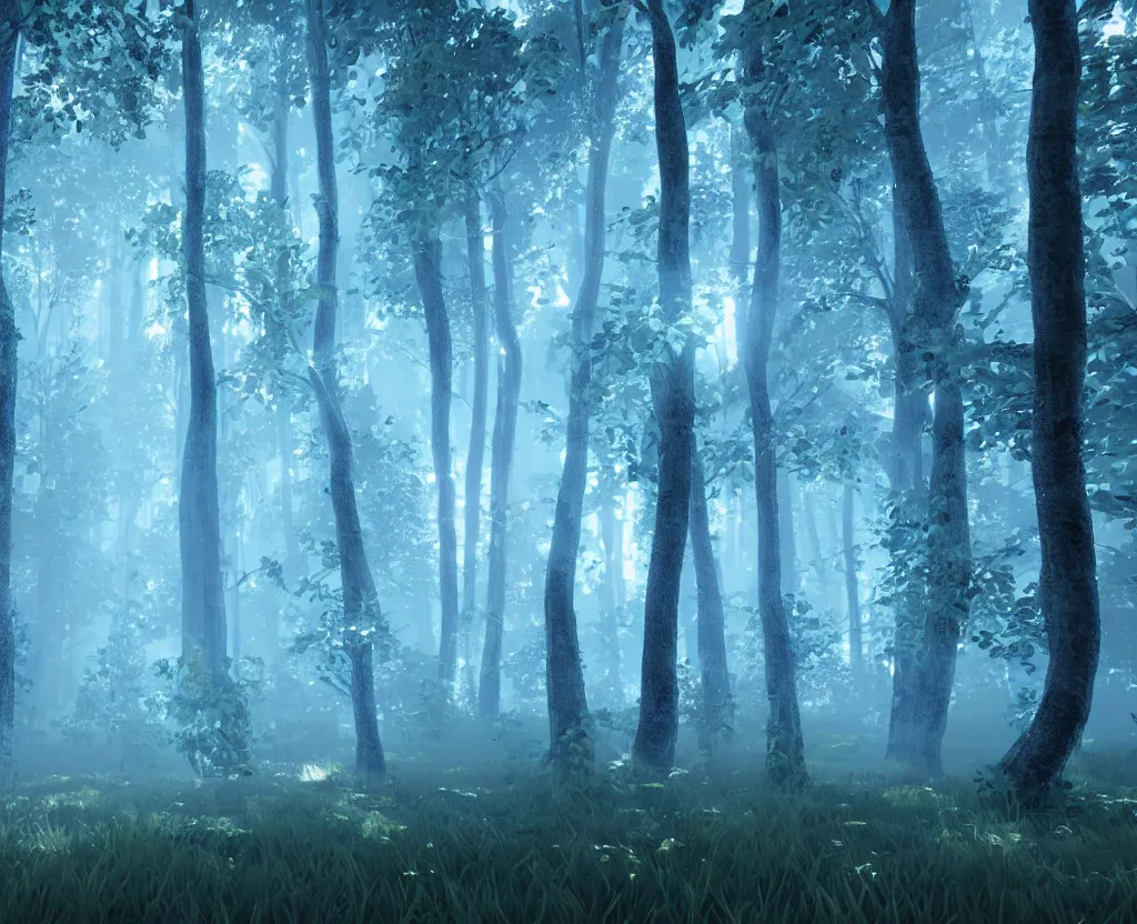 Image similar to blue forest, glowing, unreal engine 5, raytracing, hyperreal, digital art, highly detailed, artstation