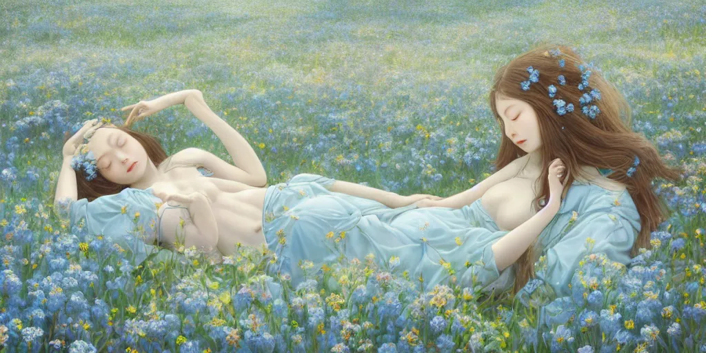 Image similar to breathtaking detailed concept art painting of the sleeping in meadow goddesses of light blue flowers, orthodox saint, with anxious, piercing eyes, ornate background, amalgamation of leaves and flowers, by Hsiao-Ron Cheng, Miho Hirano, extremely moody lighting, 8K