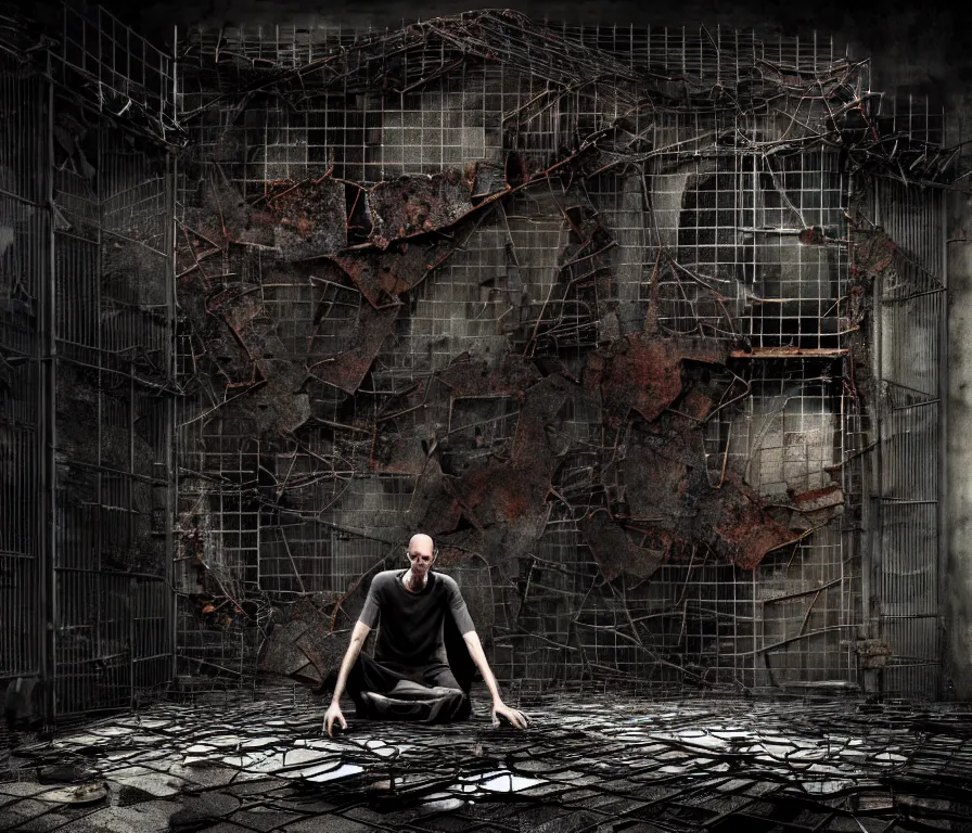 Prompt: creepy tall man with very long limbs sits on the floor. An underground very dark gloomy multi-layered structure of rusty thick iron grates, dense chain-link fencing and peeling walls. Inside view, collapsed floors, bent rusted iron, masterpiece, black background, corners, cinematic, hyperdetailed, photorealistic, hyperrealism, octane render, 8k, depth of field, bokeh, architecture, shadows, art by Zdzisław Beksiński, Arthur Rackham, Dariusz Zawadzki