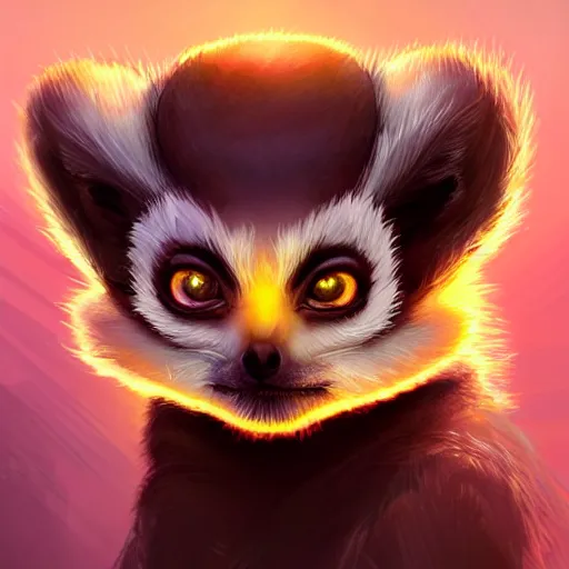 Prompt: Geometric dwarf lemur, sun in the background, intricate, elegant, highly detailed, digital painting, artstation, concept art, smooth, sharp focus, illustration, art by artgerm