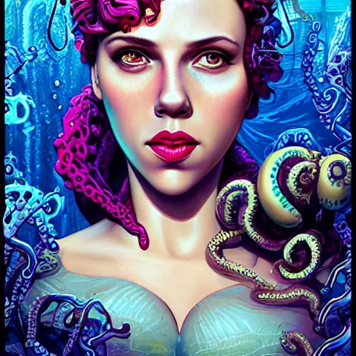 Prompt: lofi underwater mermaid biopunk bioshock portrait of scarlett johansson, octopus, Pixar style, by Tristan Eaton Stanley Artgerm and Tom Bagshaw.