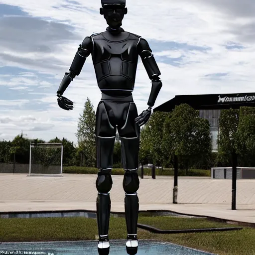 Image similar to a realistic detailed photo of a guy who is an attractive humanoid who is half robot and half humanoid, who is a male android, soccer player timo werner, shiny skin, posing like a statue, blank stare, by the pool, on display, showing off his muscles, humanoid robot, frozen ice statue, made of ice