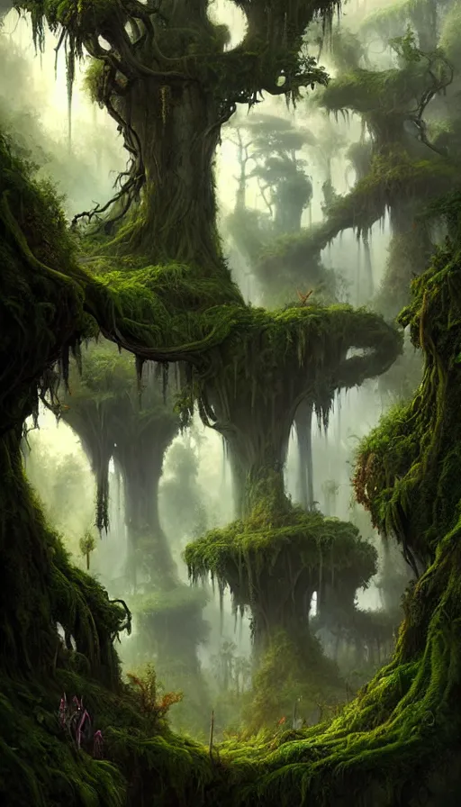 Image similar to fairy palace, castle towers, gnarly trees, lush vegetation, forest landscape, painted by tom bagshaw, raphael lacoste, eddie mendoza, alex ross concept art matte painting