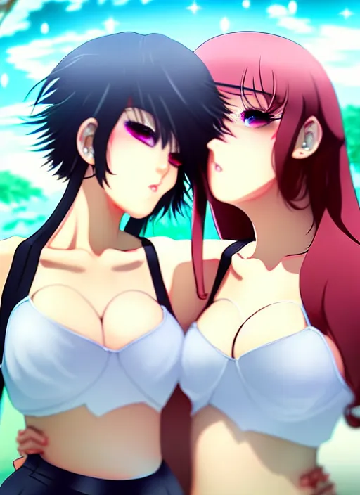 Prompt: two beautiful mothers out on a humid summer day, gorgeous faces, thick lines, cinematic lighting, detailed anime art