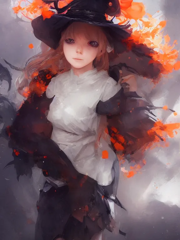 Image similar to Full shot of a cute mischievous young witch about to get up to some trouble. Black and Orange palette. By Ruan Jia and Artgerm and Range Murata and WLOP and CLAMP. Key Art. Fantasy Illustration. award winning, Artstation, intricate details, realistic, Hyperdetailed, 8k resolution.