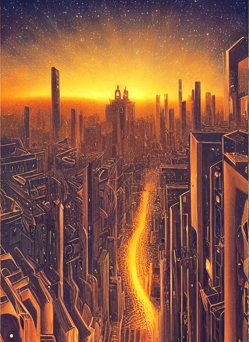 Prompt: ethereal starlit city at sunset, italian futurism, da vinci, Josan Gonzalez