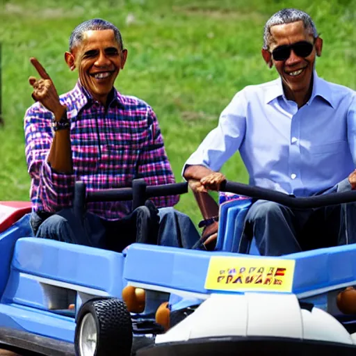 Prompt: obama and biden driving go - karts together at the fair