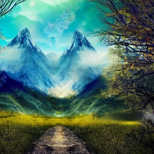 Image similar to mind exploration, vivid abstract landscape, mountains in background, trees that looks like neurons, main path is visible and energetic, large scale dimentional photo