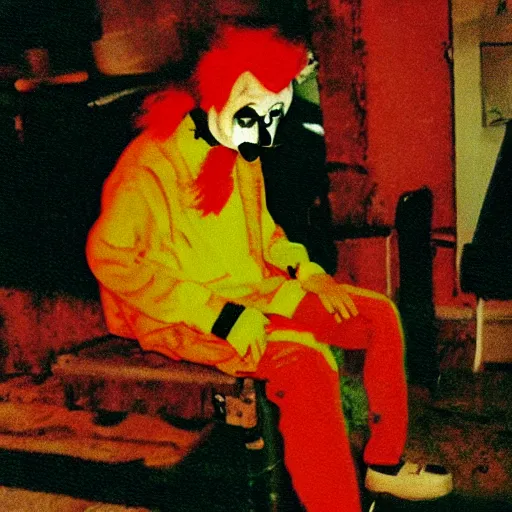 Prompt: creepy grunge disposable camera photo of a sad clown | horror | nightmare