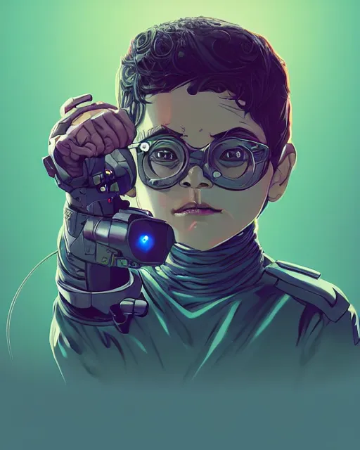 Prompt: a tiny kid with a huge power glove, bust shot, smooth, intricate, elegant, power aura, digital painting, artstation, concept art, sharp focus, illustration, art by josan gonzalez, high contrast