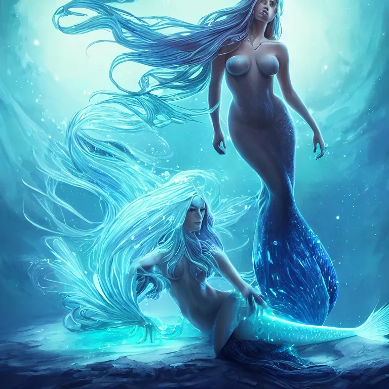 Image similar to beautiful cinematic fantasy poster, a beautiful glistening bioluminescent mermaid wearing a long flowing gown with flowing illuminated hair, beautiful glowing galaxy eyes, wideshot ultrawide angle epic scale, hybrid from The Elden Ring and art direction by Darius Zawadzki ;by artgerm; wayne reynolds art station; cinematic quality character render; low angle; ultra high quality model; production quality cinema model;