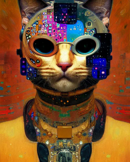 Image similar to cyberpunk cat portrait an oil painting splashes with many colors and shapes by gustav klimt greg rutkowski and alphonse mucha, polycount, generative art, psychedelic, fractalism, glitch art