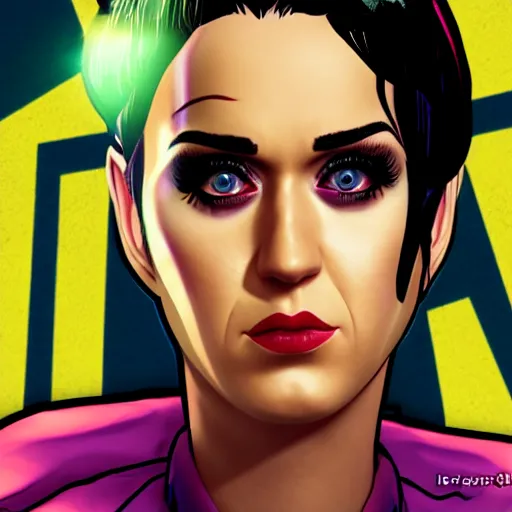 Image similar to katy perry portrait, borderlands, tales from the borderlands, the wolf among us, comic, cinematic lighting, studio quality, 8 k