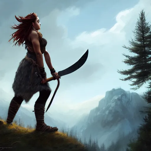 Image similar to a warrior, female, she carries an axe, the axe is resting on her shoulder, she is grabbing a nearby tree, looking onto the horizon, a big wolf is next to her, fall, mountain landscape, portrait by magali villeneuve and ames jean and artgerm and greg rutkowski, 4 k, artstation, realistic, cinematic composition, d & d