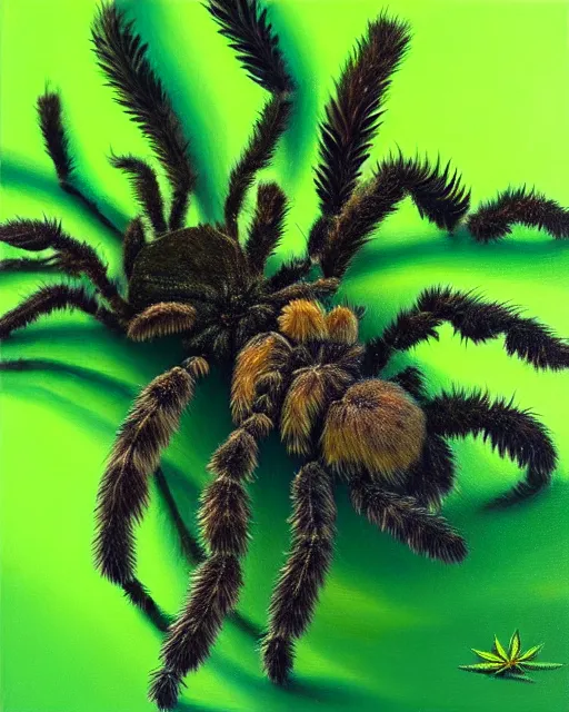 Image similar to Realistic Oil Painting of Cute green animated fuzzy tarantula made out of marijuana leaves thc strain