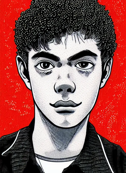 Image similar to portrait of teenage archie andrews, freckles, curly bangs, intricate, highly detailed, illustration, art by junji ito, junji ito