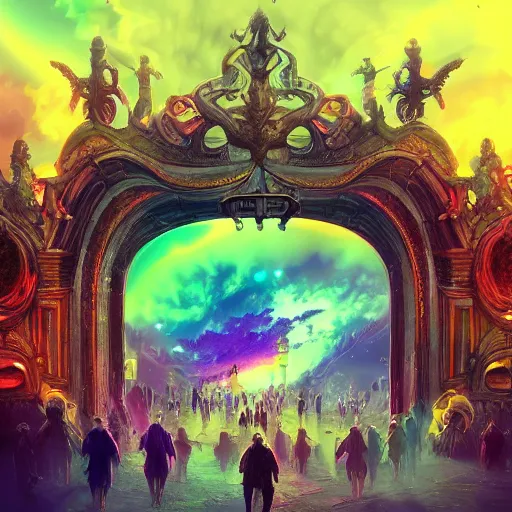 Prompt: [ palate ] [ vibrant colors ] alien souls congregating and waiting in line at a giant iron gate, vibrant neon nebulous clouds, radiant light rays, photorealistic illustration, intricate and fine details, volumetric lighting, artstation, god figure at the gate - w 1 0 2 4