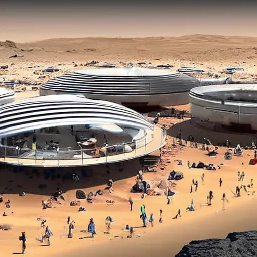 Image similar to a future big city on mars with beautiful beaches inspired by elon musk